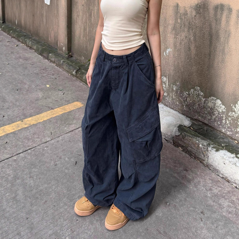 American Retro Loose Versatile Straight-Leg Multi-Pocket Cargo Pants Women Wide-Leg Floor-Length Hip-Hop Jazz Street Dance Trousers