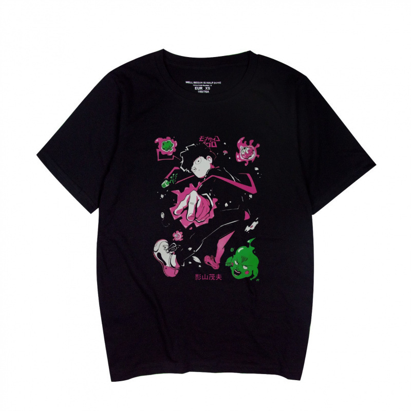 European Size Pure Cotton Foreign Trade Summer Mob Psycho 100 Print Unisex Pure Cotton Short-Sleeve T-Shirt