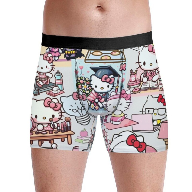 Hello Kitty Multi-Scene Printed Underwear, Comfortable and Breathable Men's Boxer Briefs with Cute and Sweet Elements