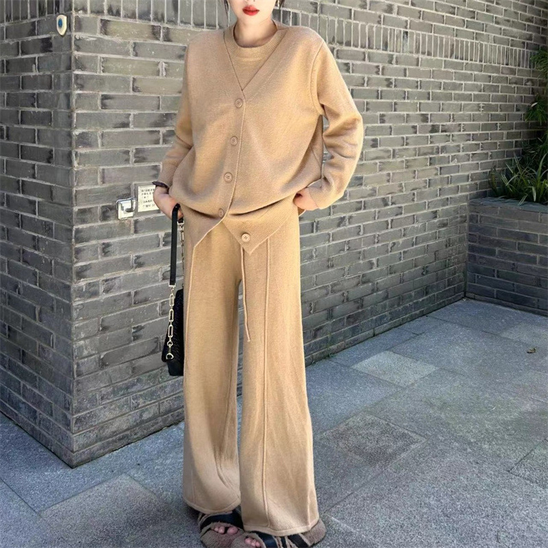 休闲毛衣套装女2025秋冬季外贸新款时尚洋气减龄阔针织腿裤两件套|undefined