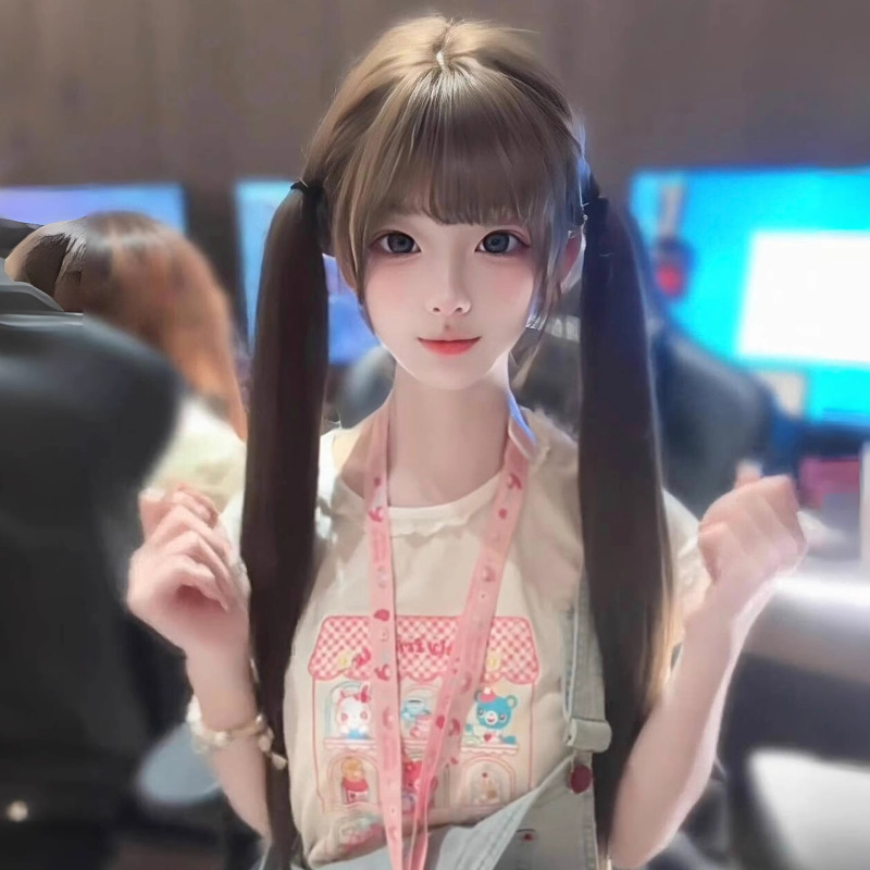 Connie [Sweet Girl] Peruka z długimi włosami dla kobiet, codzienny styl Lolita, prosty podwójny kucyk, kostium JK na całą głowę