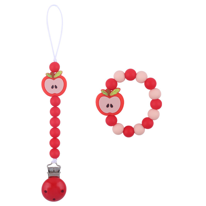 Nuevo bebé dibujos animados silicona Apple chupete cadena calmante bebé silicona mordedor pulsera juguete conjunto de dos piezas