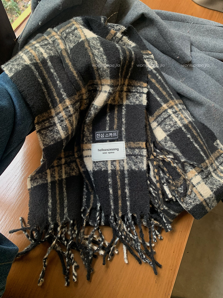 Écharpe à carreaux en cachemire d'hiver, châle chaud polyvalent à pompon pour femme, couleur contrastée pour couple, écharpe pour étudiante_voghion.com