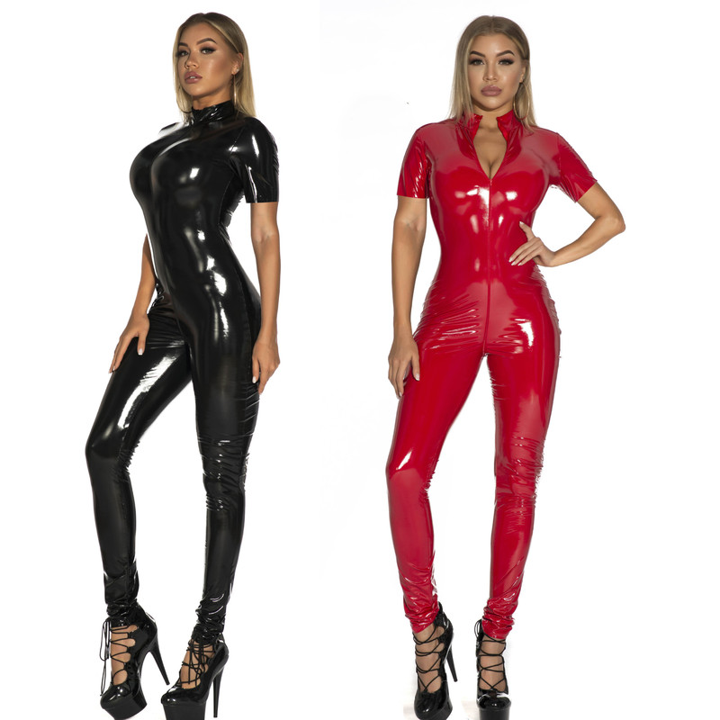Glossy Patent Leather Pu Leather Mirror Intimates for Women, Short-Sleeved Zipper Crotch Nightclub One-Piece Leather Jacket S-5Xl