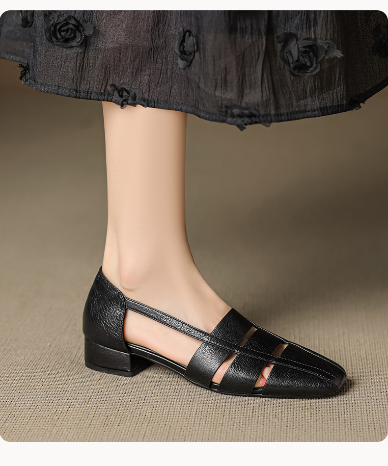 Dép sandal nữ bao đầu rỗng gót thấp 3 cm, mũi tròn kiểu dệt, phong cách đơn giản đi làm — đen chi tiết 9