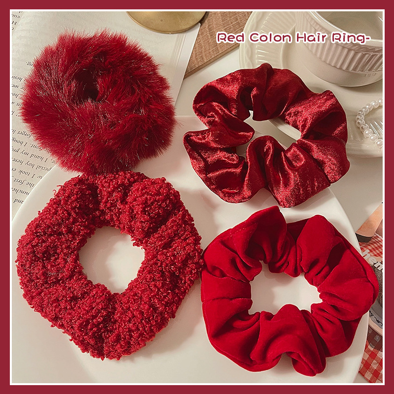 Banda de pelo de intestino grueso de felpa roja de Navidad para mujeres Otoño e Invierno elegante lazo pelo gordo salchicha cuerda de pelo banda de goma de Año Nuevo de alta calidad