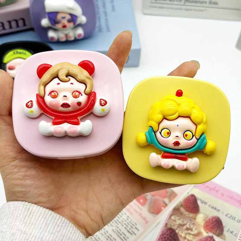 卡通可爱带镜子隐形眼镜盒墨镜美瞳收纳盒便携护理简约ins