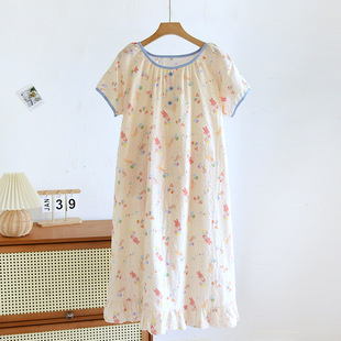 Women's Short-Sleeved Nightgown Thin Pure Cotton Home Dress Pullover Can Wear Summer Cotton Double-Layer Gauze Skirt