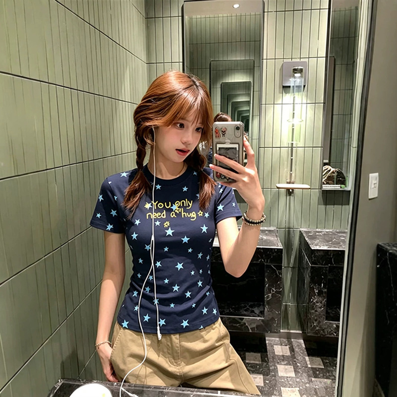 American-Style Korean Sweet Star-Printed Lettered Short-Sleeve T-Shirt for Women, Summer Slim-Fit Navy Blue Top
