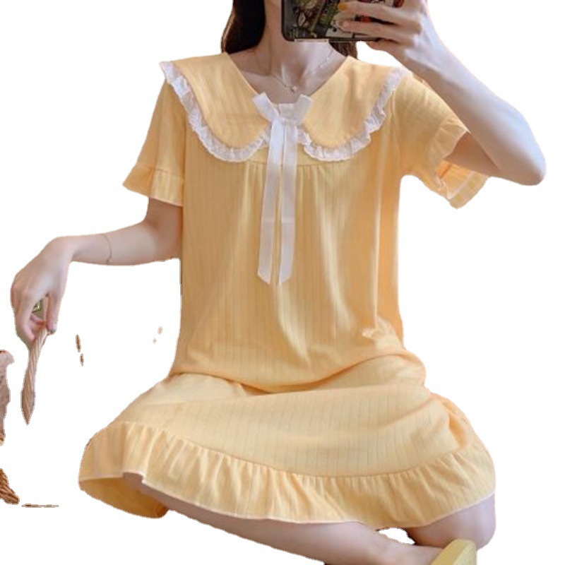 Estilo coreano nuevo verano pijamas de manga corta de las mujeres ins traje camisón lindo collar de la muñeca Red Rojo vestido de longitud media casa de verano