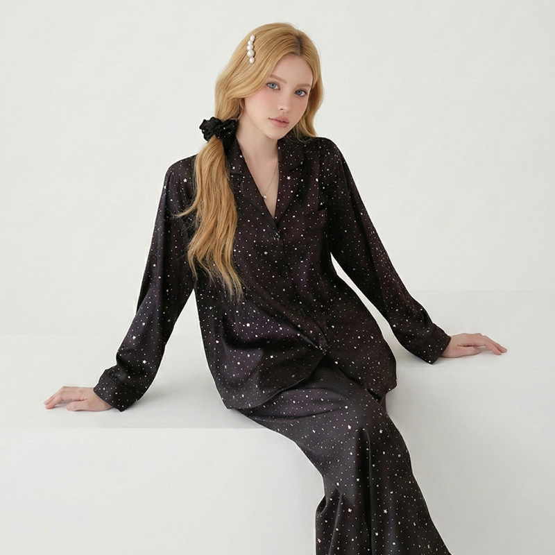 Ice Silk Pajamas for Women Spring and Autumn Ice Silk Long-Sleeved 2026 New Style Pure Color Sequined Star Lapel Home Wear Set Ice Silk Pajamas for Women Spring and Autumn Ice Silk Long-Sleeved 2026 New Style Pure Color Sequined Star Lapel Home Wear Set