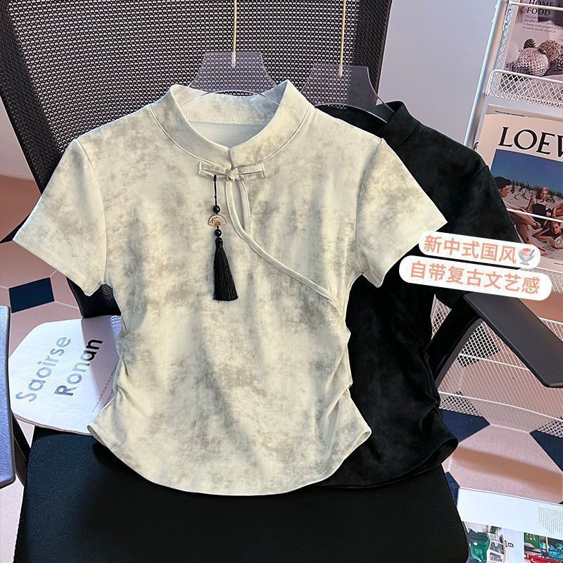 Nueva camiseta de manga corta delgada irregular con hebilla de disco de estilo nacional de estilo chino para mujer verano nuevo estilo corto ropa de todo fósforo