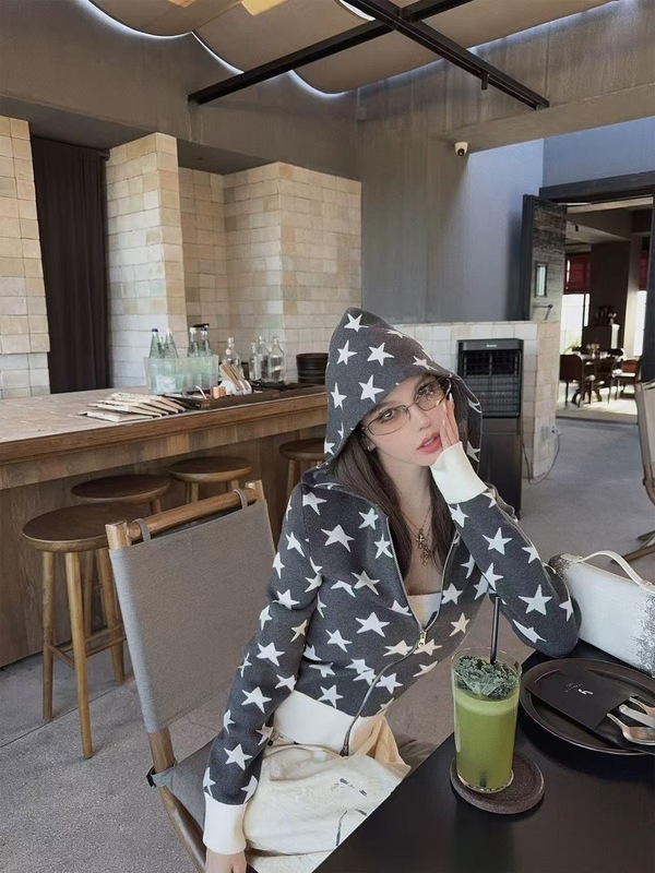 美式星星提花连帽针织开衫女秋季ins小众设计感修身显瘦拉链外套|undefined
