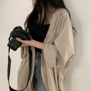 五笔蟹夏季韩版宽松长袖开衫外套女衬衫东南亚女装纯色薄款防晒衣