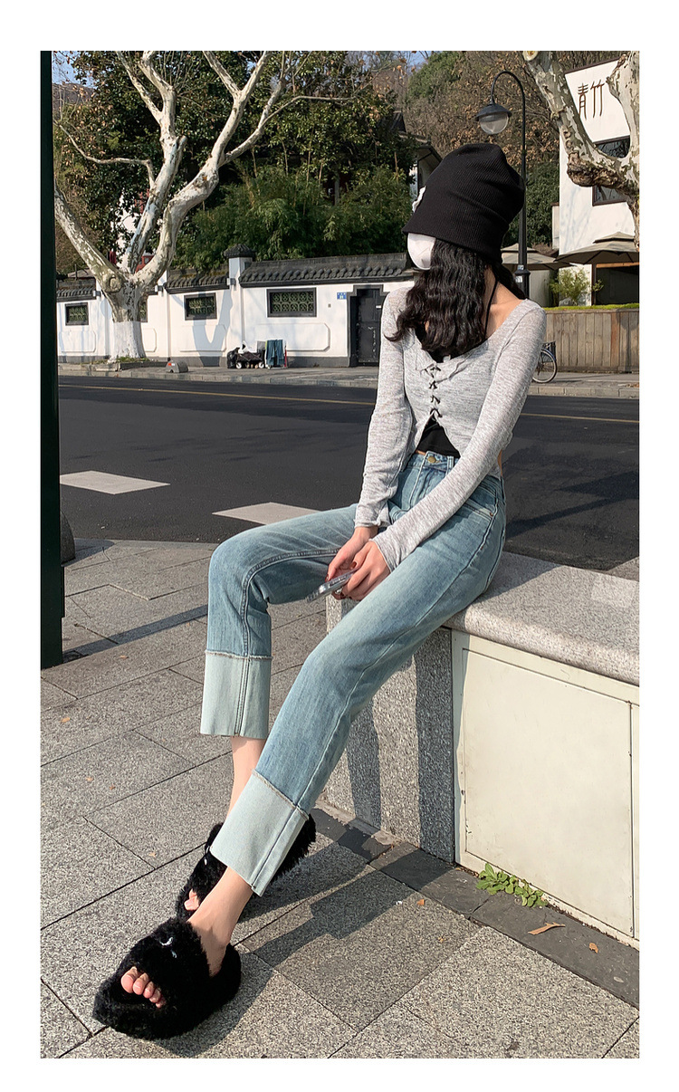 【中国直邮】HEY+JEANS 春季韩系翻边高腰显瘦九分裤 黑色 M