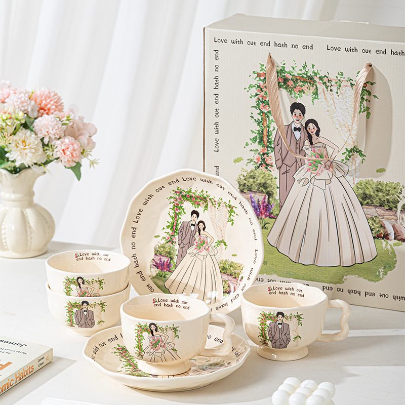 Newlywed Ceramic Tableware and Bowl Set, Gift for Newlyweds, Couple's Matching Cups, Light Luxury and High Aesthetic Value Bowl, Plate, and Cup Gift Box