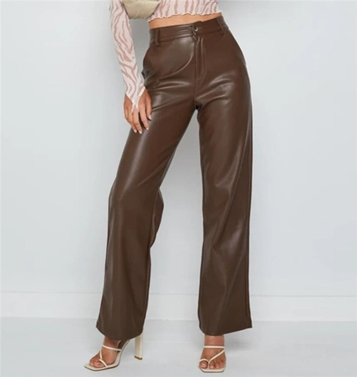 欧美时尚休闲PU阔腿皮裤长裤女 leather casual pants trousers