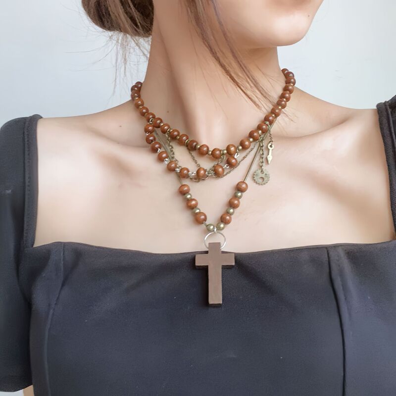 Punk Style Wooden Bead Cross Stacked Necklace Women's Niche Design Wasteland Tribal Style Beaded Necklace Clavicle Chain