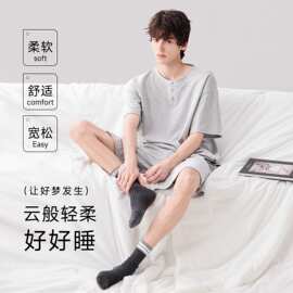 夏季新款纯棉男士短袖短裤套头睡衣时尚休闲男家居服图片色居家