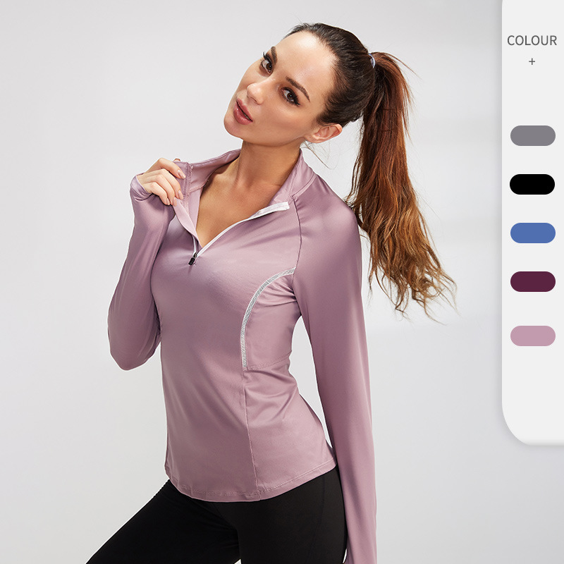 Fall/Winter Women Sports Long-Sleeved Fitness Running Yoga Wear High Stretch Tights Quick-Drying Stand-Up Collar Sweater