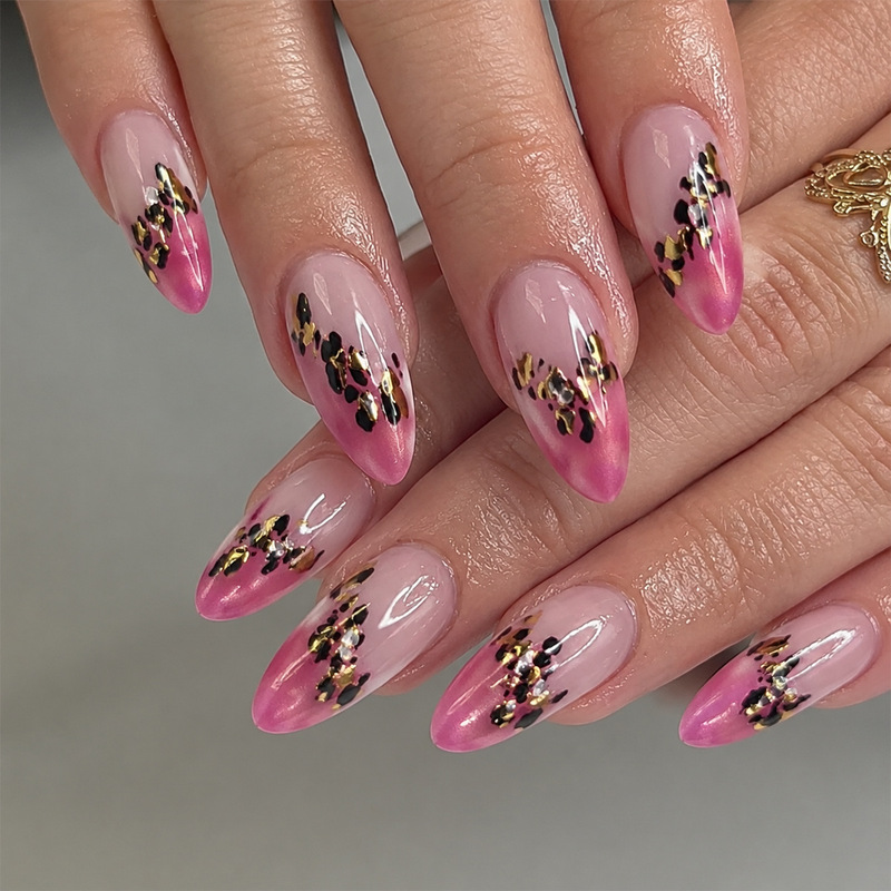 Nude Pink Gold Leopard Print Gradient Cat Eye Press-On Nails European and American Style Almond Nails Cat Eye Press-On Nails