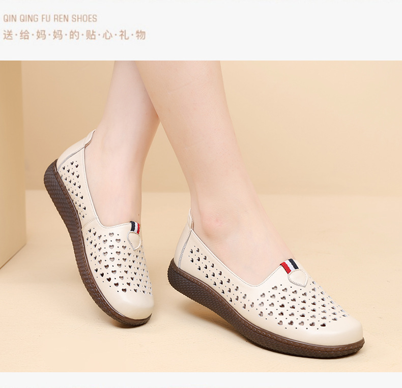 Dép da thật nữ đế phẳng quai chữ V lỗ rỗng mùa hè — nâu chi tiết 9