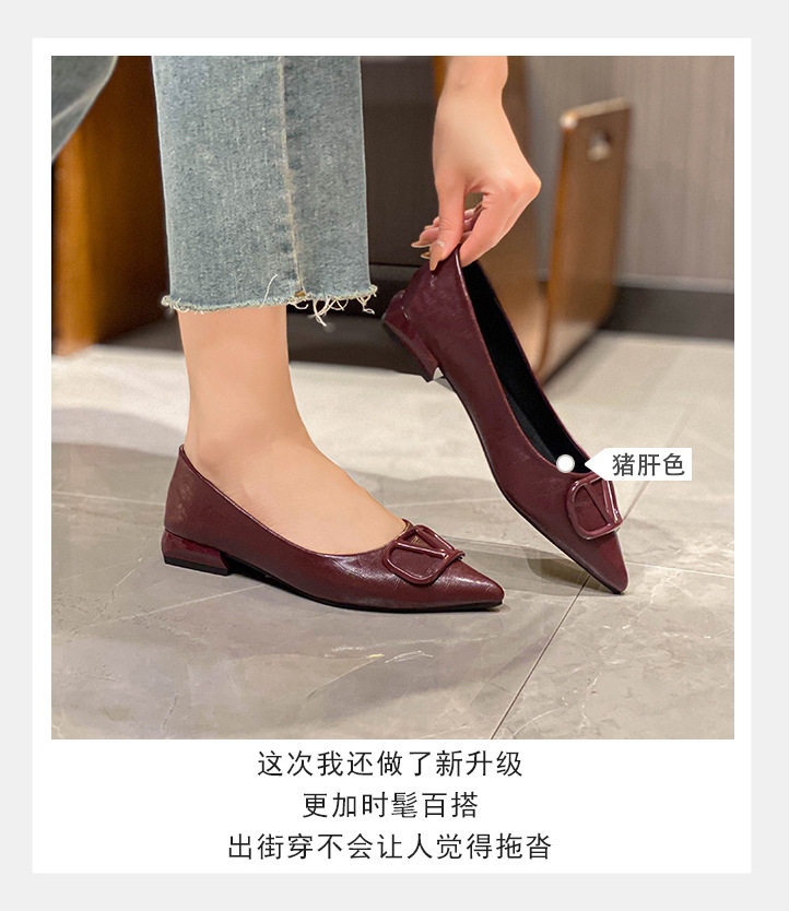 Giày cao gót nữ mũi nhọn khóa vuông da mềm gót thấp 3 cm — màu đen, màu đỏ, quả mơ chi tiết 8
