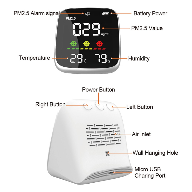 Suministro directo de la fuente, función de alarma, detector de calidad del aire PM2.5, temperatura y humedad, comercio inglés