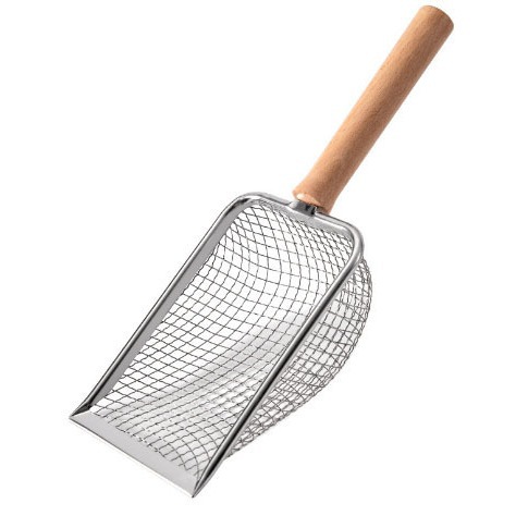 Pala de arena para gatos, agujero fino, agujero pequeño, pala de gato, pala de mierda, mango de madera, pala con gancho, pala de bentonita, metal, gato, pala de mineral, pala