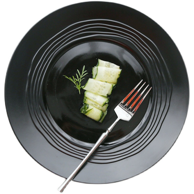 LZ Lujia pura ondulación del agua negro Placa de carne de cerámica 11 pulgadas de ancho borde grande placa plana estilo restaurante occidental placa de cocina