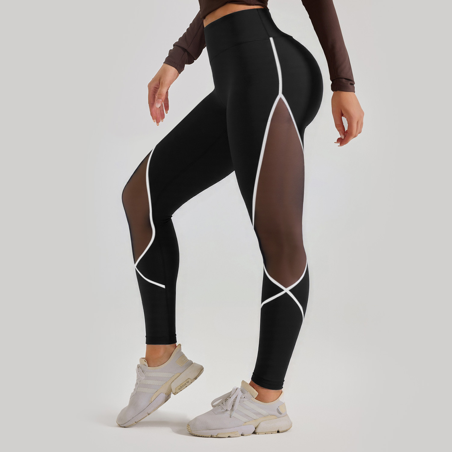Pantalones de yoga de malla a juego de color de zona transfronteriza, costuras europeas y americanas, cintura alta, glúteos, pantalones deportivos para correr, mujeres