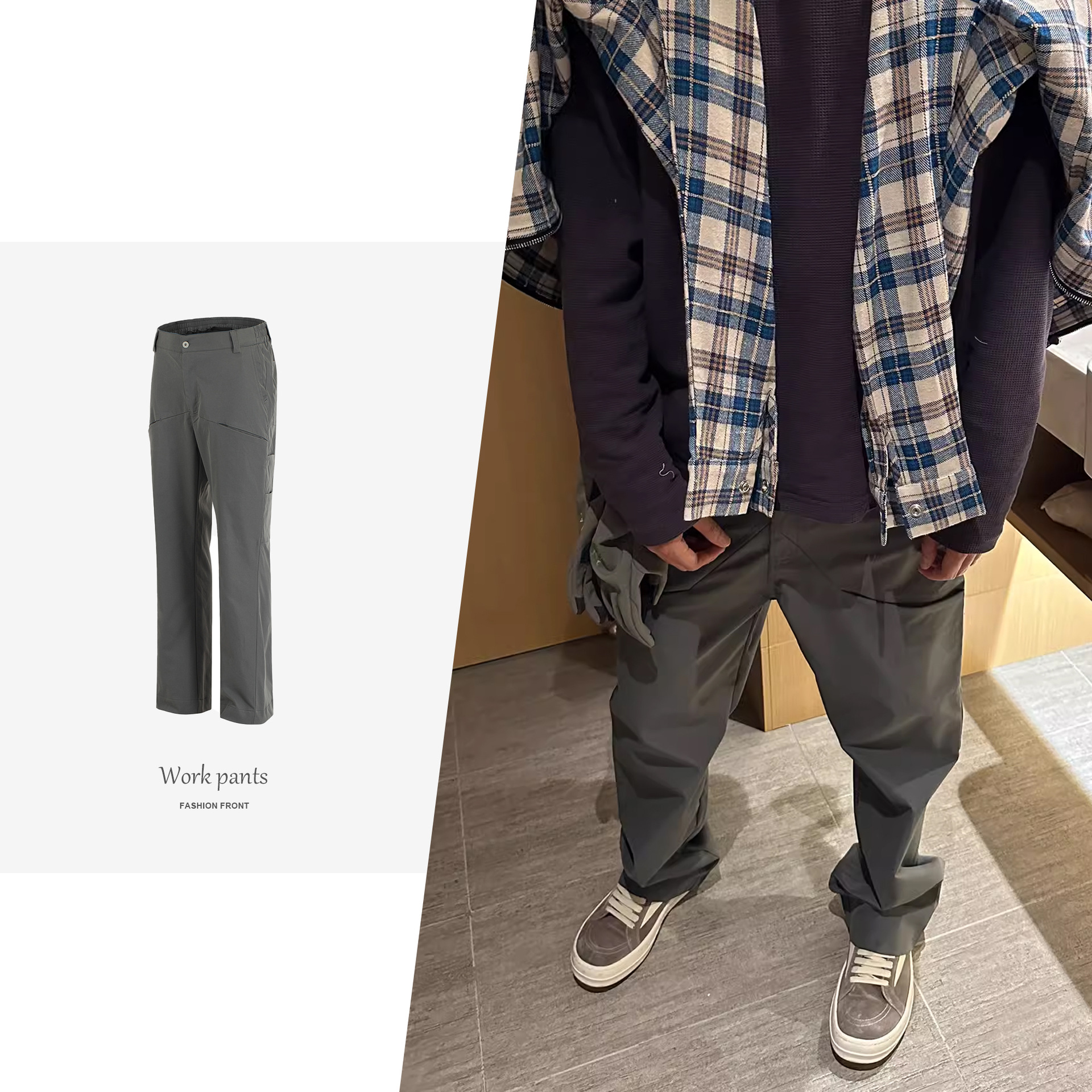 JTFS美式狼灰戰術褲打褶直筒拉鏈微喇西褲男修身顯瘦工裝衝鋒褲男