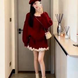花边领毛衣上衣短裙两件套女秋冬新款小个子时尚针织套装红套装