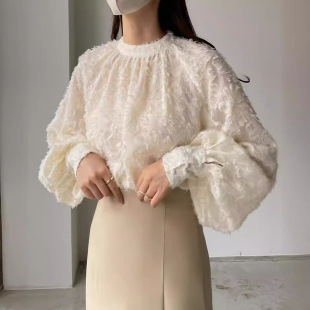 New Solid Color Flower Embroidered Lantern Sleeve Round Neck Shirt for Spring 2025