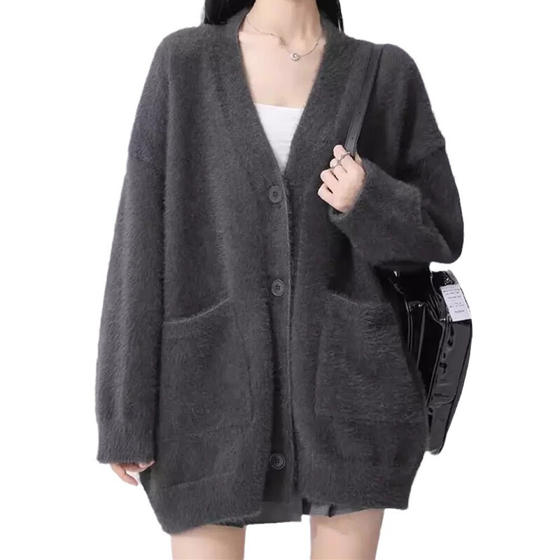 休闲慵懒风毛绒绒纯色外套秋冬季新款款宽松仿水貂绒女中长款开衫|undefined