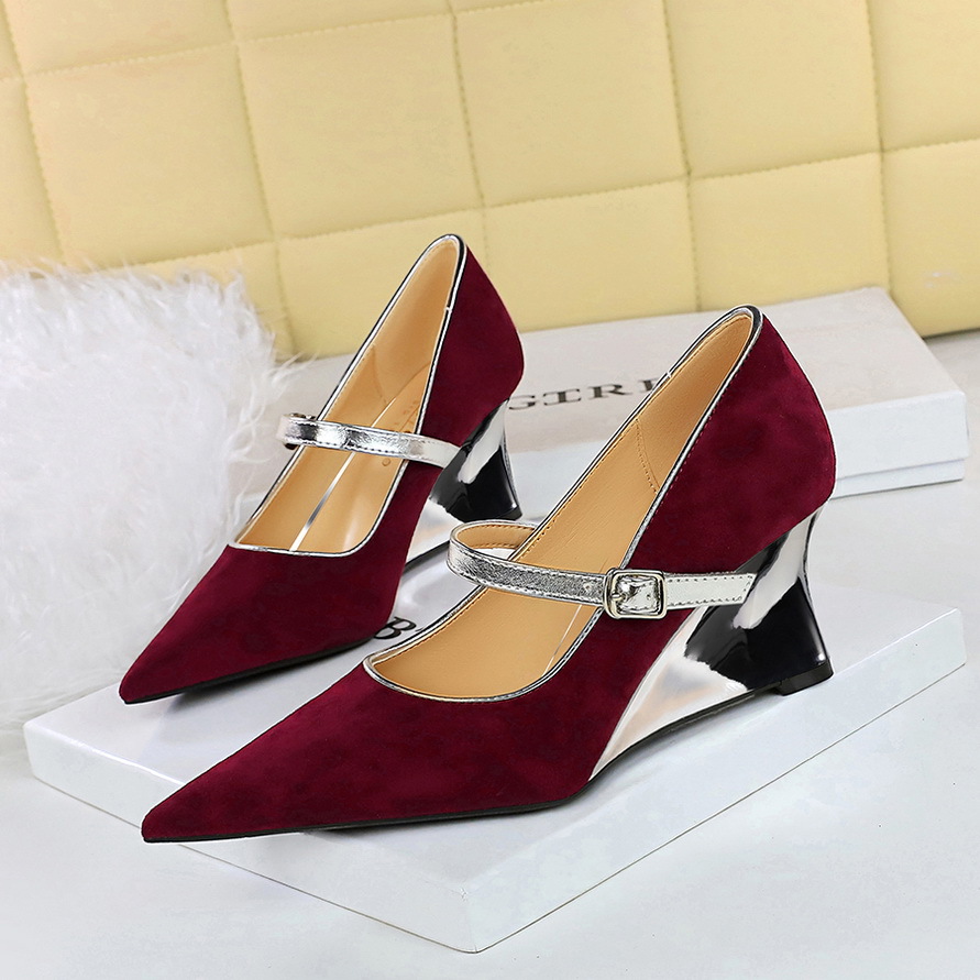 2905-5 European And American Style Banquet Metal Heel Wedge Suede Shallow Mouth Pointed Toe Color Block Single Strap_vogvips.com