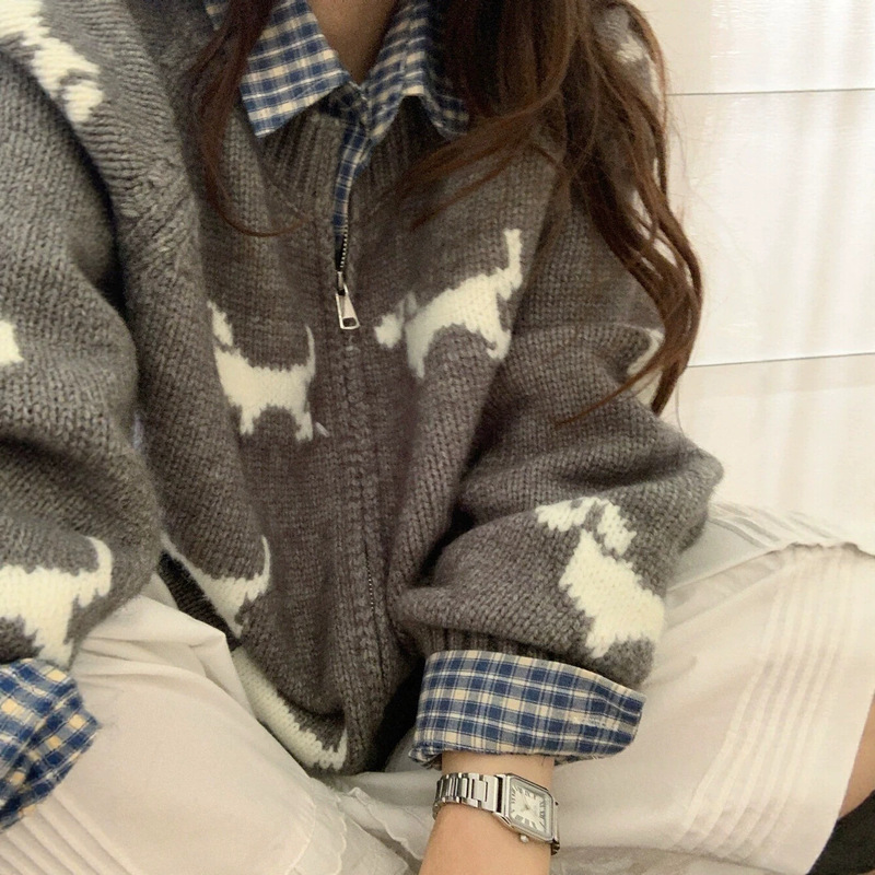 Korean-style knitted cardigan with cute puppy design, red, for women, autumn and winter, loose fit, age-reducing, double-zipper sweater jacket, thick Korean-style knitted cardigan with cute puppy design, red, for women, autumn and winter, loose fit, age-reducing, double-zipper sweater jacket, thick