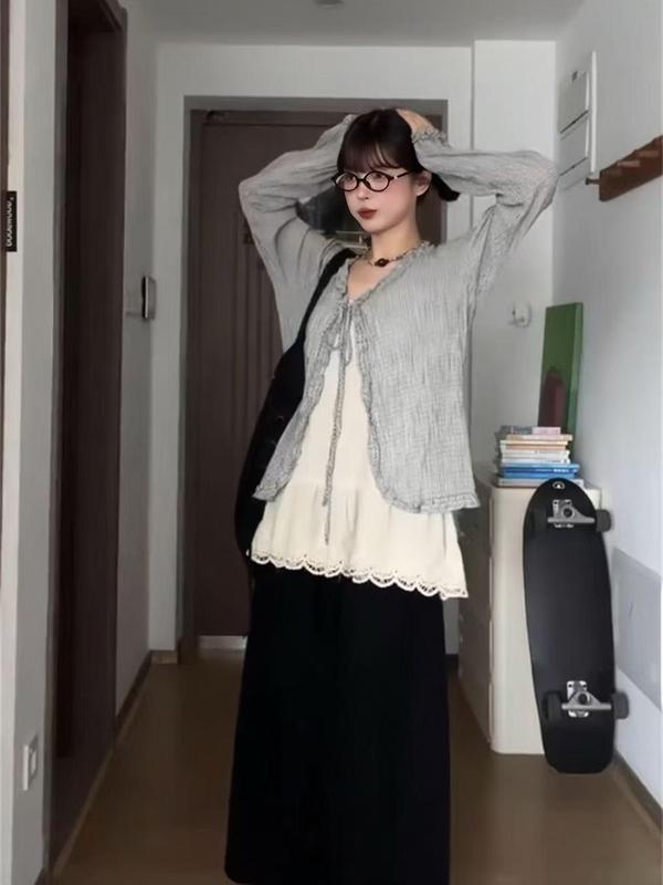 2025 新しい夏の韓国スタイルの女性のスーツレトロチェック柄レースアップブラウスサスペンダーカジュアルパンツ 3 点セットトレンディな|undefined