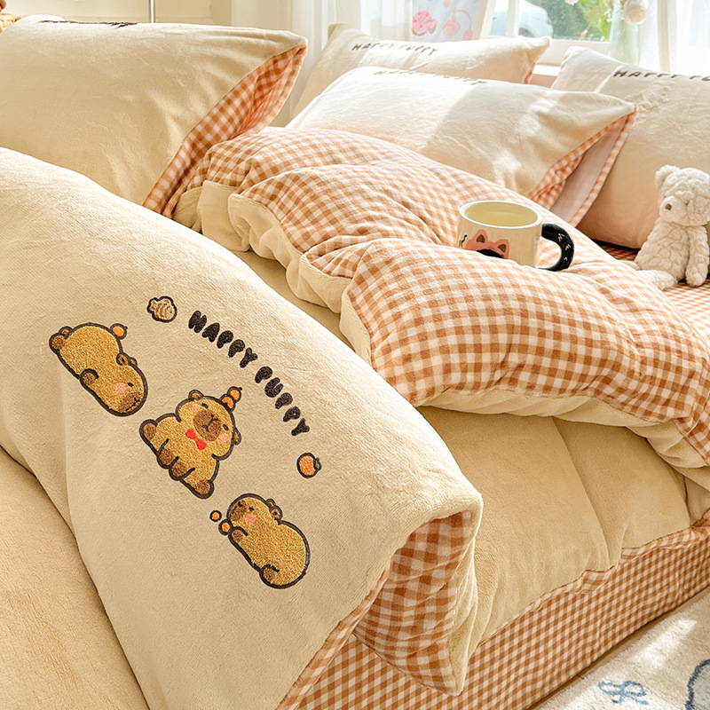 Leche de lana de invierno de lana de coral engrosado sábanas de cama de lana de cuatro piezas 2025 nuevo conjunto de cama de franela de tres piezas