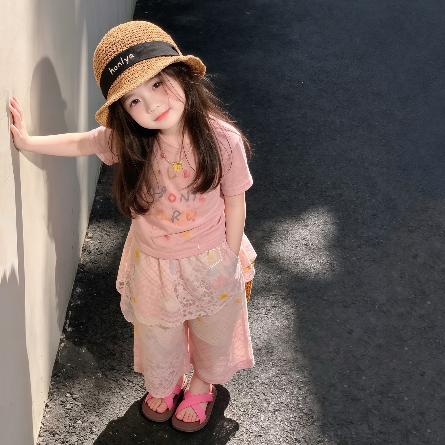 Girls' short-sleeved bottom-flap pants, new summer style, nine-point pants, two-piece set, Korean style casual children's clothing for medium and large children.