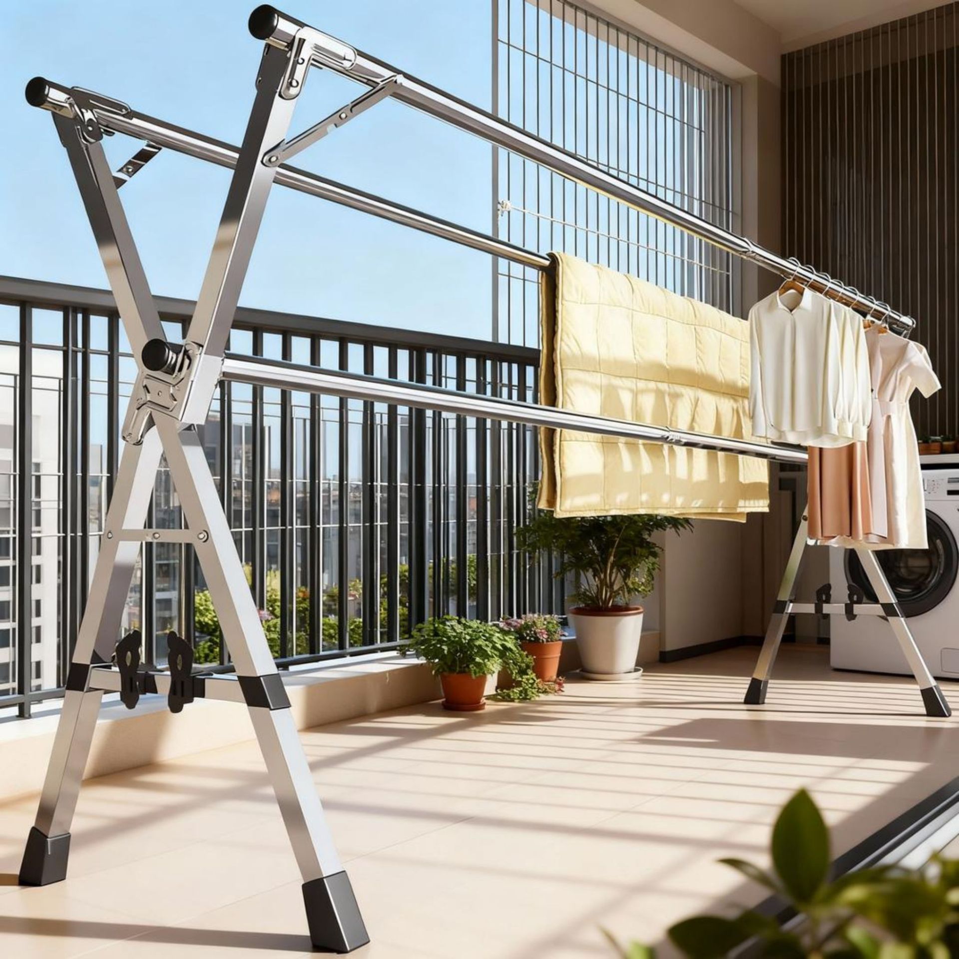 Clothes Drying Rack, Floor-Standing Clothes Rack, Bedroom Outdoor Stainless Steel Telescopic Double-Pole Folding Rod-Type Balcony Drying Rack for Quilts