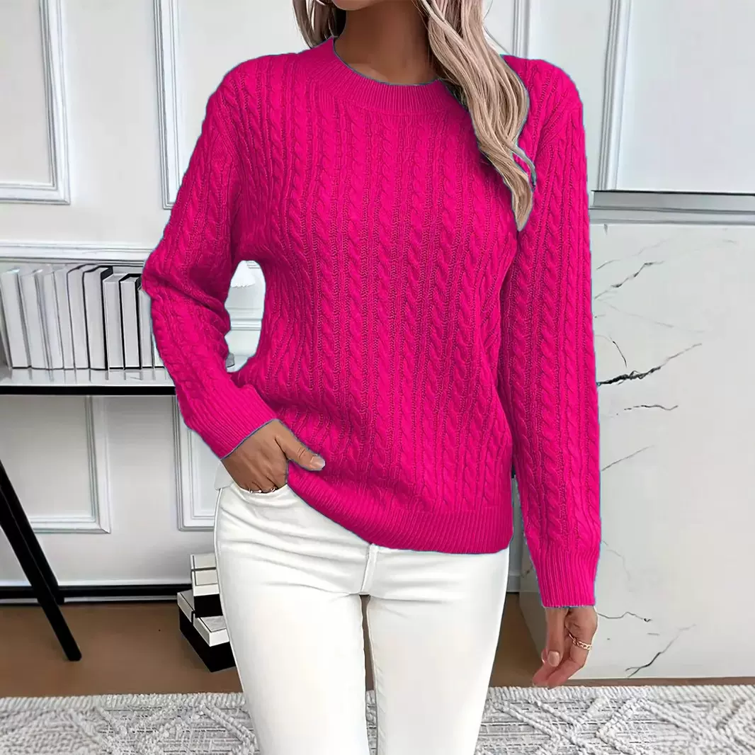 跨境外贸亚马逊SHEIN爆款百搭时尚经典麻花圆领毛衣