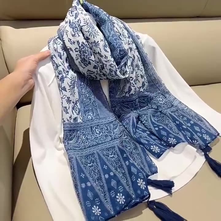 에스닉 스타일 스카프, 청색 염색, 청화백자, 작은 신선한 태슬 프린트 스카프, 면 및 린넨 스카프, 여성용 자외선 차단 숄