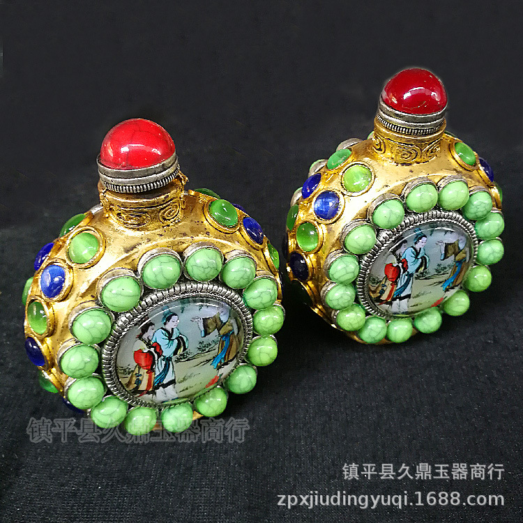 古玩杂项工艺品批发 仿古风大号镶嵌鼻烟壶铜制藏式仿古做旧老货