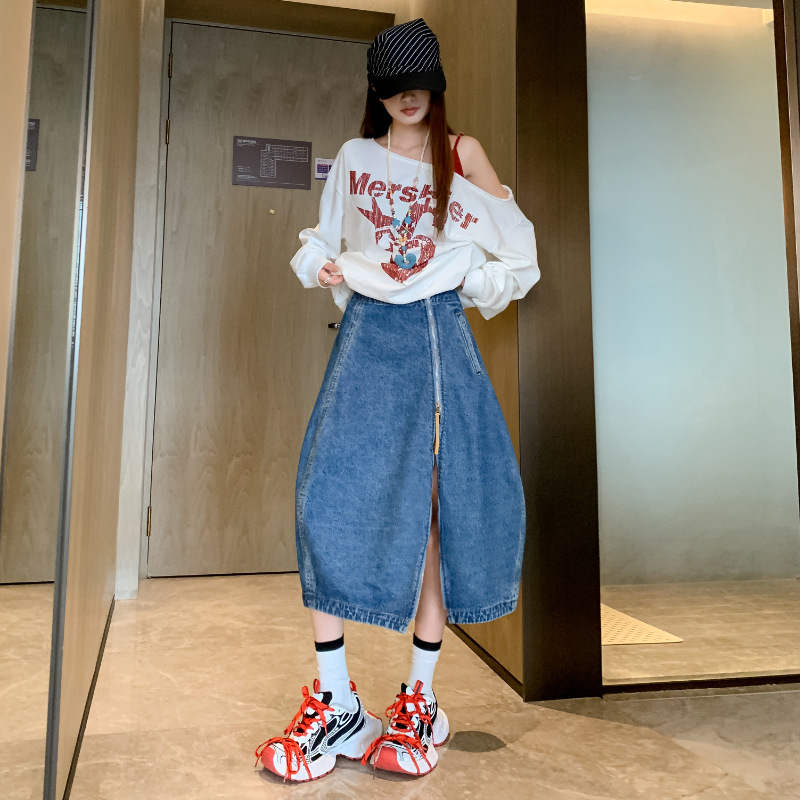 5776 Spring New Arrival: Stylish, Commuter-Friendly, Oversized Zipper Denim Tulip Skirt for Women