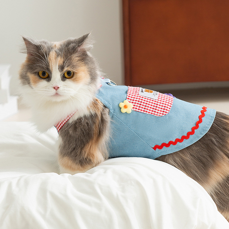 Cute gato primavera y verano bolsillo de cuadrícula vaquero osos correa falda perro princesa vestido de gato mascota ropa