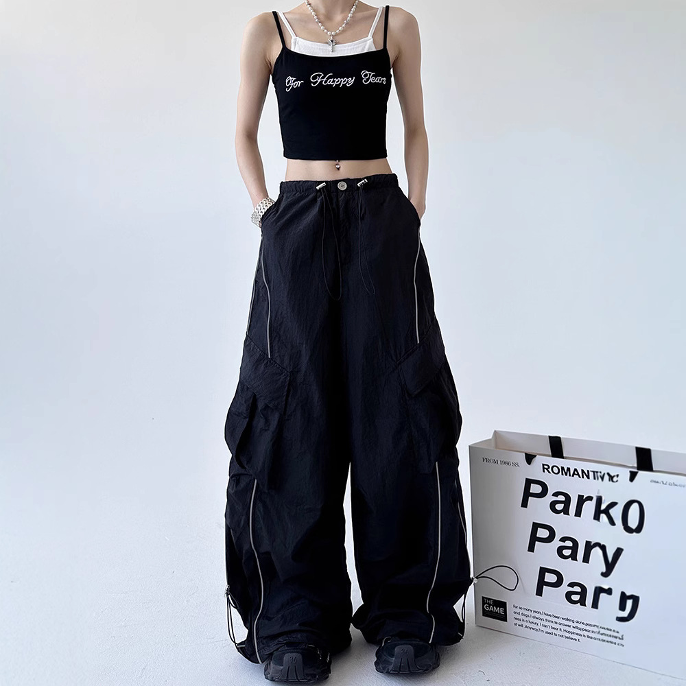 2024 New Elastic High-Waist Design Niche Black Cargo Pants for Women Loose Casual Fashion Drawstring Wide-Leg Pants