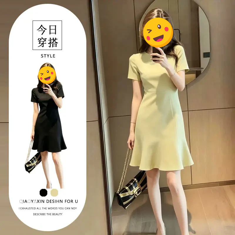Summer New Fashion Slim-Fit Niche Design Short-Sleeve Dress for Women 2026 Unique Round-Neck Solid Color Fishtail Dress Summer New Fashion Slim-Fit Niche Design Short-Sleeve Dress for Women 2026 Unique Round-Neck Solid Color Fishtail Dress