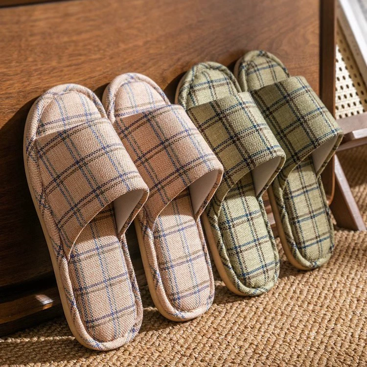 Домашние тапочки Four Seasons, стильные простые клетчатые летние льняные тапочки для пары, домашние хлопковые и льняные тапочки с деревянным полом, оптовая продажа