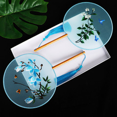 Handmade long handle embroidered round fan with double-sided round classical style for women's court flowered fan Chinese style dance fan 